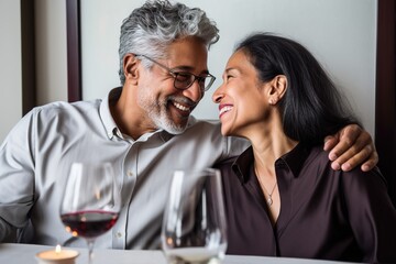 Romantic mature Latin couple enjoy lunch at restaurant. Generative AI, Generative AI