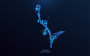 Bright bluebell flower twig with stars and lines. Neon effect plant, starry in the universe. Nature concept: futuristic, elegant, contemporary technology.