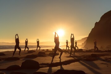 Silhouettes of people doing yoga by sunset at the beach. Generative AI, Generative AI