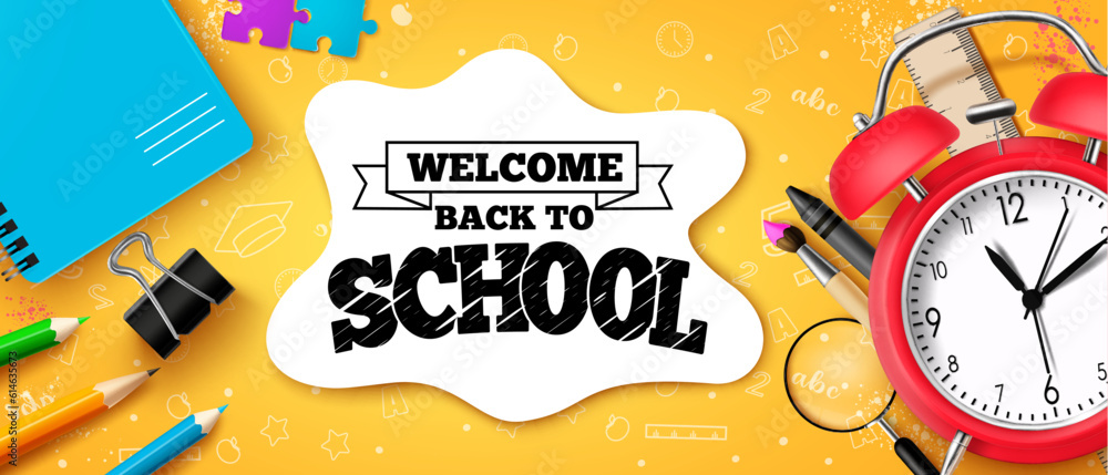 Poster back to school text vector design. welcome back to school typography in empty space with alarm clock