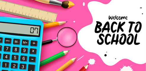 Back to school text vector template design. Welcome back to school in white space with educational items and supplies in pink background. Vector illustration educational greeting background.