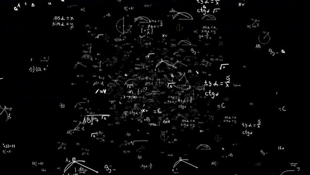 Math and physics formulae pass through the screen and fall away. Animation of maths equations. Fast movement of plexus formulas. Science, technology Genetics biology, biotechnology, chemistry, science