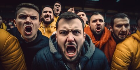 Soccer fans angry screaming at camera during match. Generative AI, Generative AI
