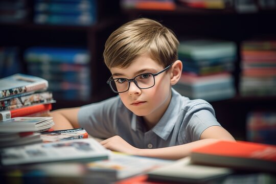 Schoolboy studying in library. Generative AI, Generative AI