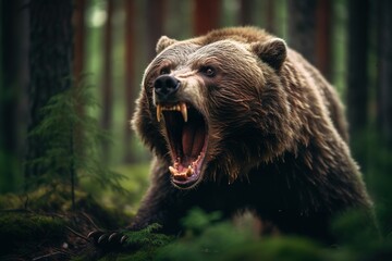 Angry frightening grizzly bear in the wild forest. Generative AI, Generative AI