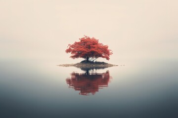 Small island with red tree in the middle of misty lake. Generative AI, Generative AI