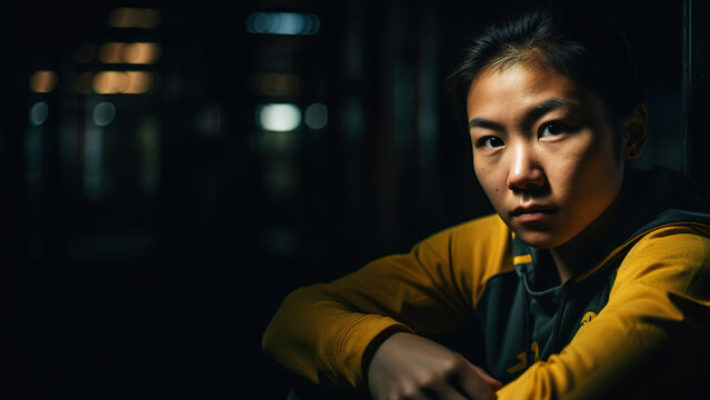 Teenage Asian schoolgirl headshot portrait in the dark. Generative AI, Generative AI