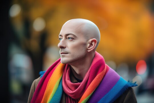 Bald man wearing lgbt colors in scarf in the street. Generative AI, Generative AI