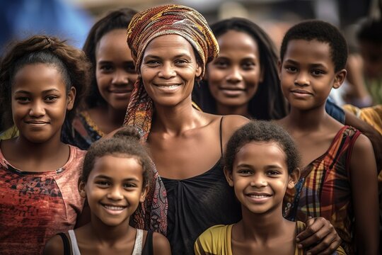 African mother with her children smiles at camera. Generative AI, Generative AI