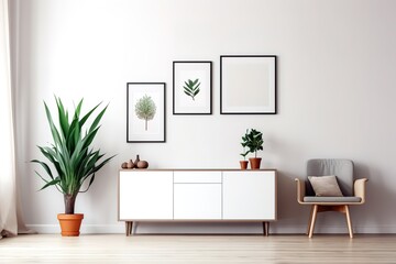 Mock-up living room with wood cabinet,table,shelf and armchair with polished concrete loft style wall | Mock up white wall background | 3d rendering, Generative AI