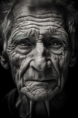 Senior man with wrinkles headshot in black and white. Generative AI, Generative AI