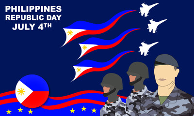 marching philippine army and silhouette of 3 fighter planes with philippine flag and philippine flag frame background. commemorating Philippines Republic Day or Philippines' independence day July 4
