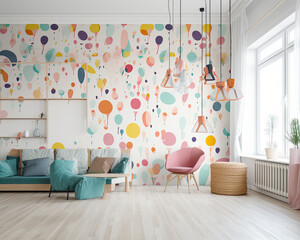 Bright and Cheerful Empty Room with Enhanced Decals and Wall Art