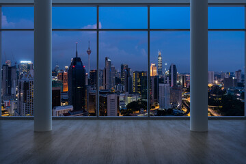 Fototapeta na wymiar Empty room Interior Skyscrapers View Malaysia. Downtown Kuala Lumpur City Skyline Buildings from High Rise Window. Beautiful Expensive Real Estate overlooking. Night time. 3d rendering.