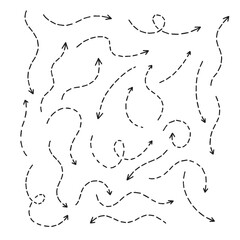 Hand drawn dotted line arrows set outline vector illustration.