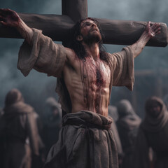 Jesus with a cross standing in front of a group of people - Generative AI