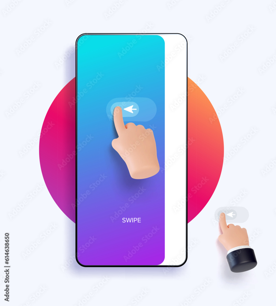 Wall mural hand touchscreen gesture. vector 3d hand actions icon on touch screen like swipe, flip through. touc