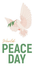 International Day of Peace. Vector illustration. Real world concepts around the world. September 21. The world famous symbol of consent is a white dove with an olive branch on a white background.