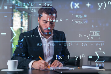 Calm businessman in formal wear signing contract at office workplace with coffee cup, laptop and notebook. Concept of successful deal, agreement, partnership, documents, lawyer. Education icons.
