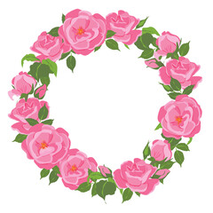 Round vector frame with pink roses. Floral wreath in flat style. Logo template, floral frame for wedding, mother's day greeting card. Red roses for Valentine's day.