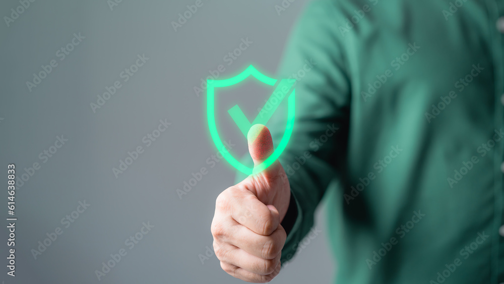 Fototapete customer is pressing identity proofing icon for security protection systems on virtual screen. quali