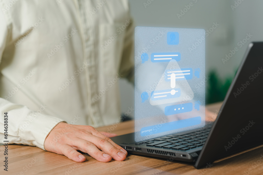 Poster Young man using laptop computer chatting with triangle caution warning sign for notification error concept. Chat with smart AI or Artificial Intelligence technology. Chat bot ai communication.