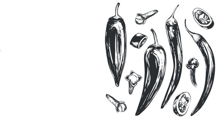 Chili pepper vector illustration. Hot mexican pepper in engraving style. Paprika whole and pieces. hand drawn ink drawing for packaging, menu.