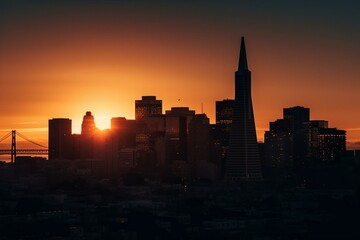Fototapeta na wymiar San Francisco's skyline in flat silhouette against sunset. Generative AI