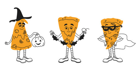 Halloween pizza slices. Set of characters in doodle style.