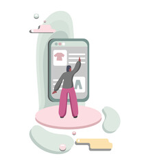 Back view of person ordering clothes online. People choosing goods and wear in online shop color 2d. Vector flat style illustration on white background