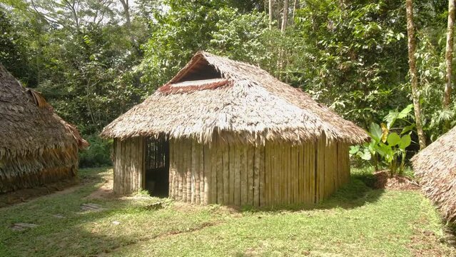 Maloca traditional Indios amazon rainforest house hut panoramic view in the forest under sunshine 
