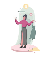 Young female holding dress, looking at mobile screen, trying new clothes. Ordering new clothes. Fashion sector. Electronic commerce. Digital environment. Vector flat illustration