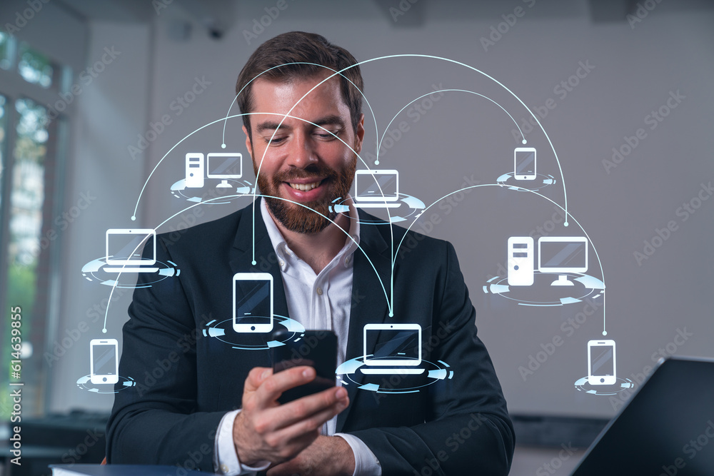 Poster smiling businessman talking holding using smartphone typing at office workplace with notebook. conce
