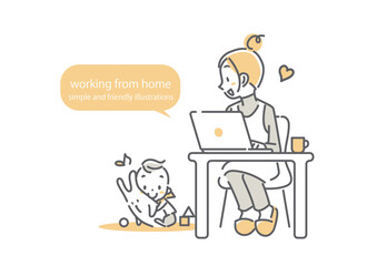 在宅勤務で赤ちゃんと一緒に充実した時間を過ごすお母さん　シンプルでお洒落な線画イラスト