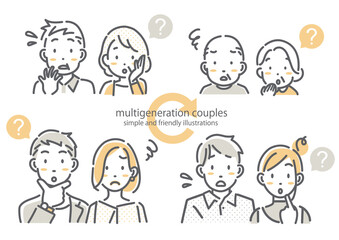 いろいろな世代の夫婦のイラストセット　シンプルでお洒落な線画イラスト