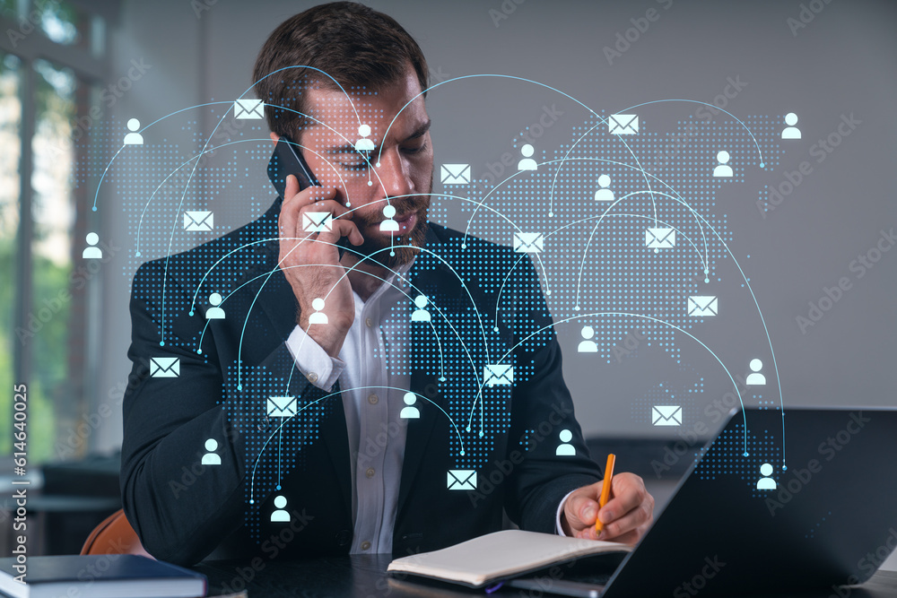 Poster smiling businessman talking holding using smartphone typing at office workplace with notebook. conce