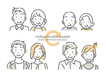 いろいろな世代の夫婦のイラストセット　シンプルでお洒落な線画イラスト