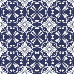 Vintage seamless floral pattern. Abstract flower illustration in blue and white