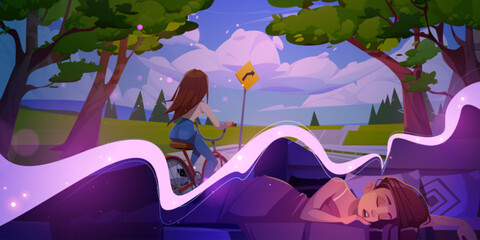 Woman sleep in bed at night time and dream about riding bicycle cartoon illustration. Young female character asleep in bedroom on pillow and think about summer active recreation and cyclist vacation