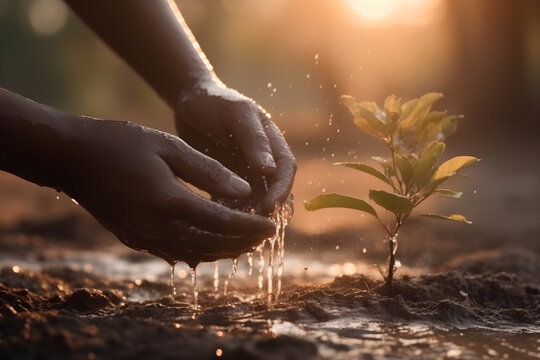 close up of two hands holding water and watering sapling to grow at morning sunrise ,generative ai