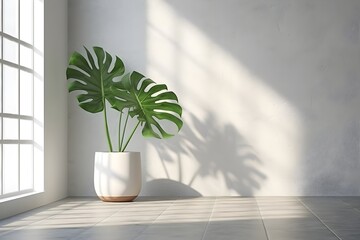 monstera leaf in a studio room with a window shade