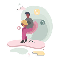 Stylish man sitting on armchair and shopping online, using gadget. Electronic commerce. Making purchases over Internet. Cashless method of payment. Digital environment. Vector flat illustration