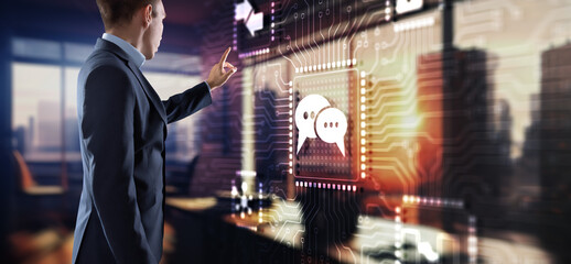Businessman hand touch to activate NLP or Natural language processing to connect chatbot artificial...