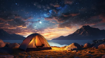 Photo sur Plexiglas Kilimandjaro Amidst the African savannah, under the starry night sky, a tent awaits adventurous souls looking to embark on an unforgettable hiking experience at the foot of Kilimanjaro.