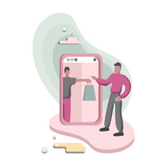 Stylish man standing near mobile phone and taking bags, ordering goods in online store. Online shopper. Buying new goods. Electronic commerce. Digital environment. Vector flat illustration