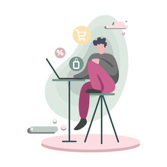 Cartoon male character does shopping online from home on laptop. People making purchases over internet. Choosing goods online. Digital environment. Electronic commerce. Vector