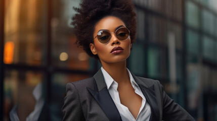 Bllack woman in a business suit standing in a confident pose. Woman's rights equality success of African-American people