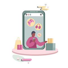 American man ordering goods in internet store. Making purchases over Internet. Cashless method of payment. Digital environment. Vector flat illustration in pink and gray colors