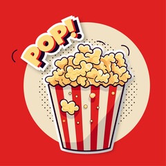 Popcorn in a red striped bucket illustration flat design. Pop corn box isolated on white background. Cartoon cinema cartoon flat trendy style pop