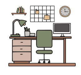 Illustration of modern workplace in room. Creative office workspace. Flat minimalistic style. Flat design. Vector illustration